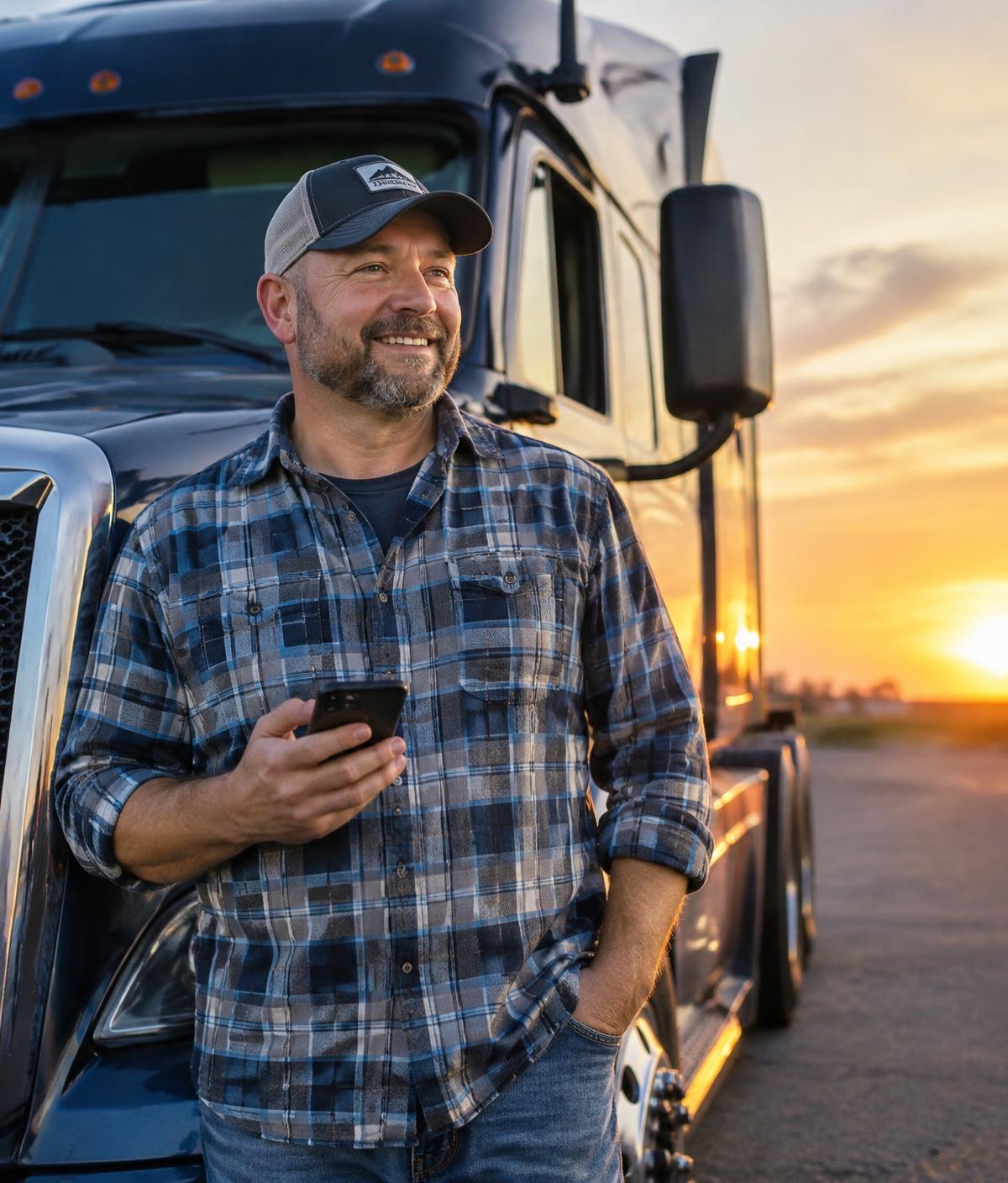 Truck driver with his phone next to his truck at sunset